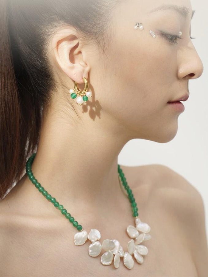 Gold & Green Agate Hoops Earrings