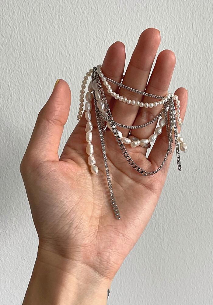 Baroque Pearl Silver Chain Tassel Brooch