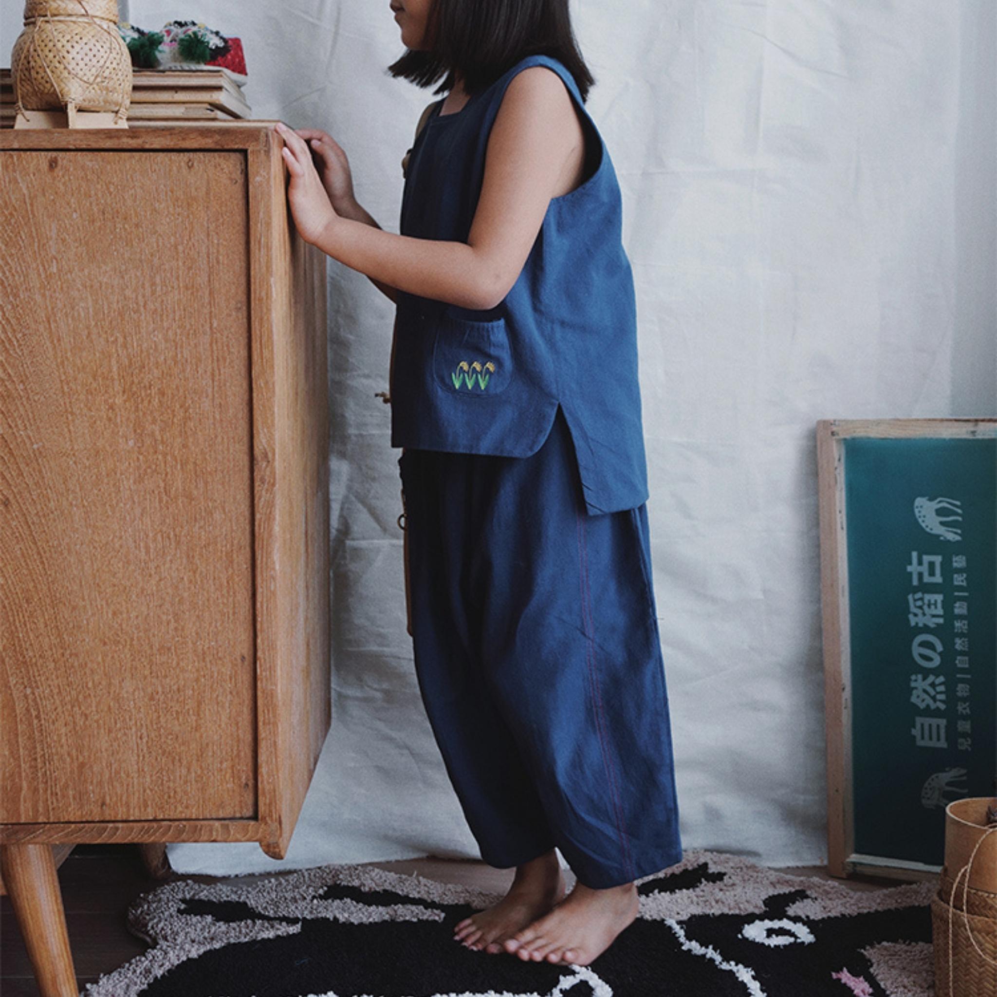 Kids Blue Embroidered Utility Pants