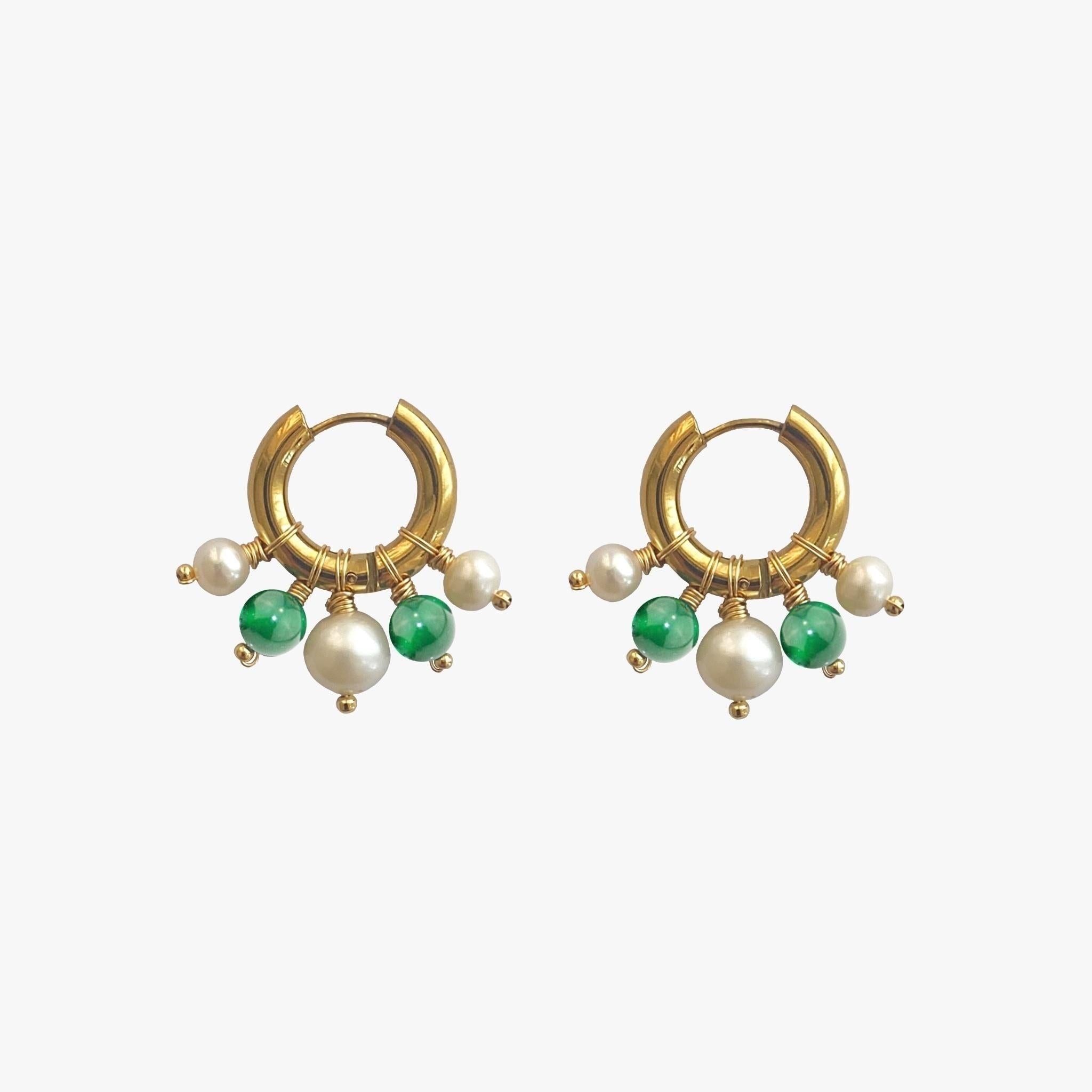 Gold &amp; Green Agate Hoops Earrings