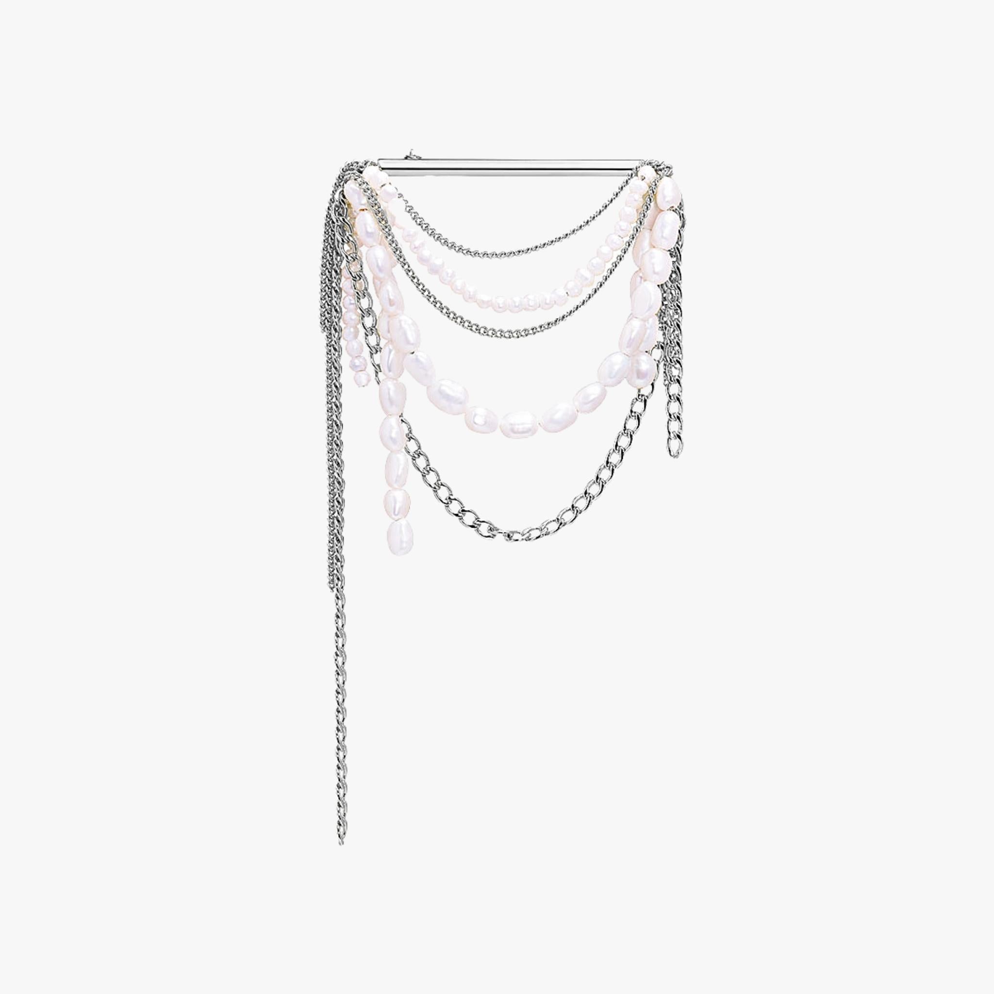 Baroque Pearl Silver Chain Tassel Brooch