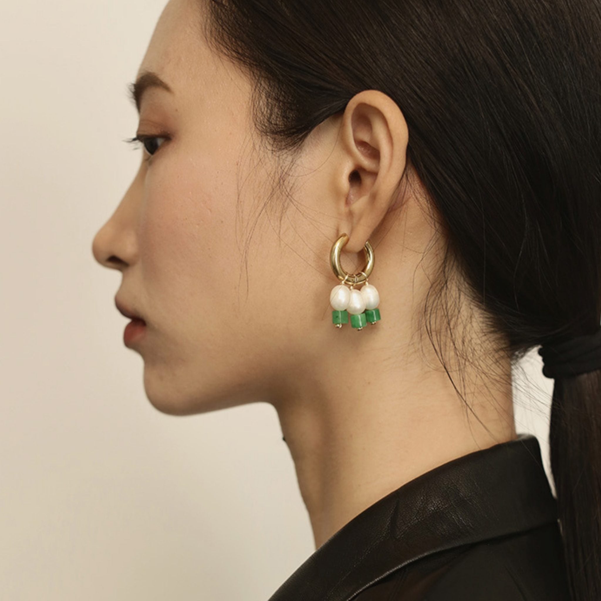 Ja Dynasty Three Pearl Jade Earrings